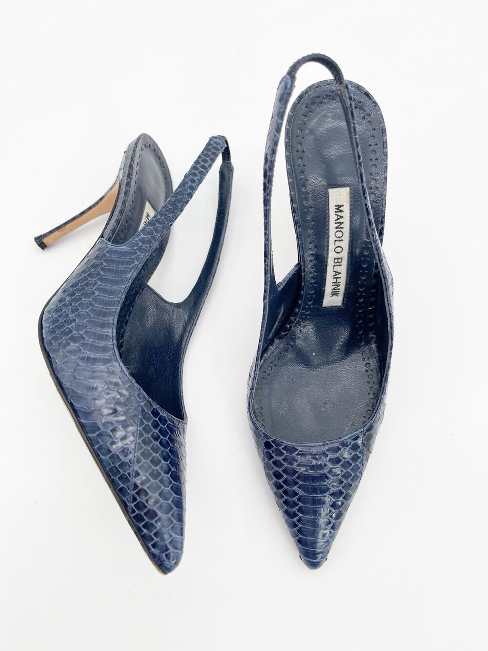 Manolo Blahnik Allura Blue Python Leather Pointed Toe Slingback Heels IT 36